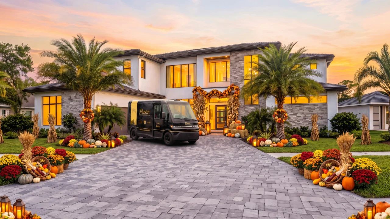 Master vacation home decorated for fall with pumpkins, flowers and cornstalks at sunset